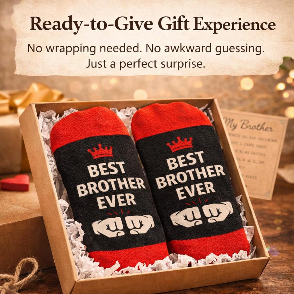 Brother Birthday Gift Set from Sister for Brother Adult Men Funny + Inspirational 5-Piece Gift Bracelet, Socks, Leather Journal, Plaque & Keychain Birthday/Christmas/Just Because