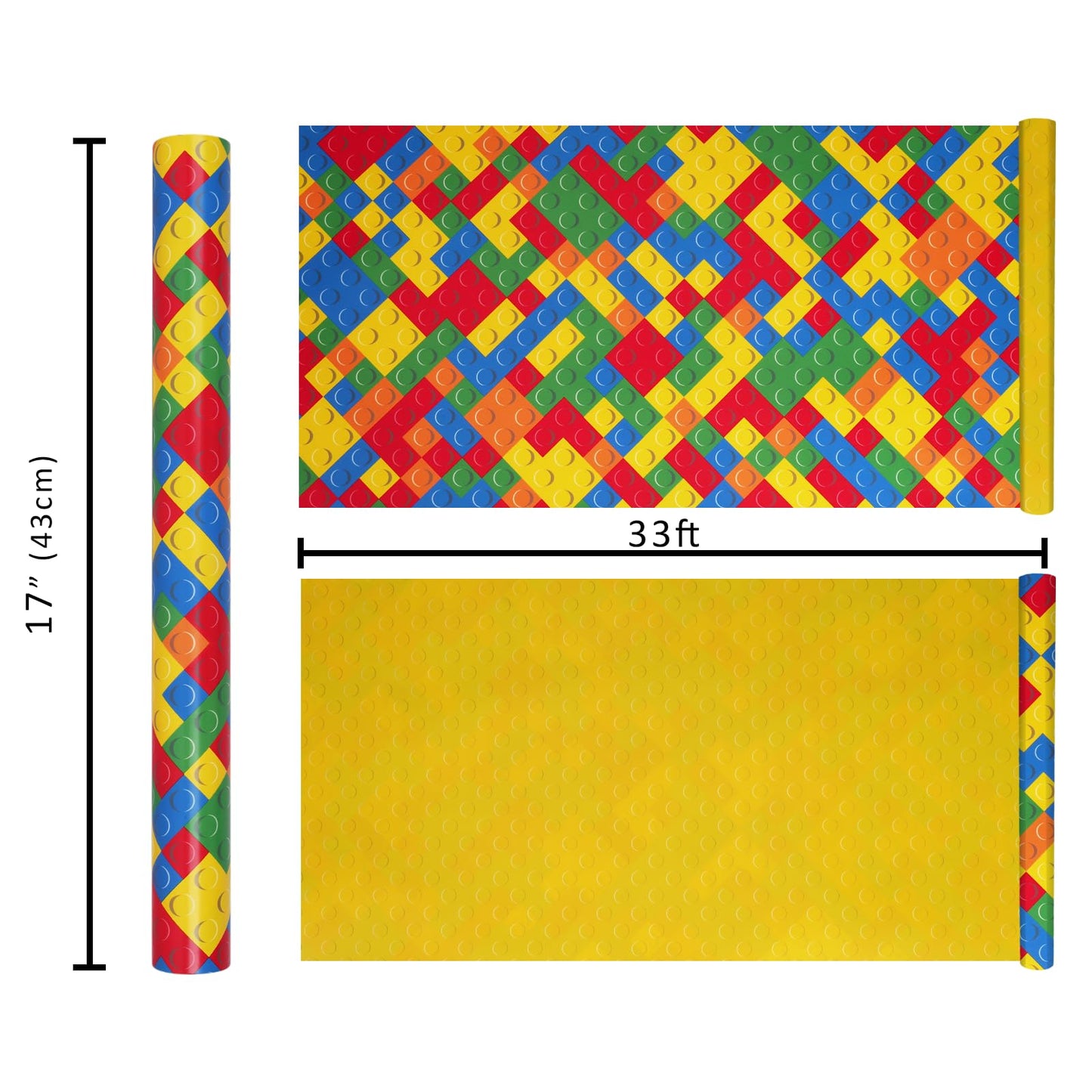 BIOBROWN Reversible Building Blocks Wrapping Paper for Boys Girls - 17 Inch X 33 Ft - Colorful Building Bricks Design Gift Wrap Paper for Kids Birthday Party Toy Lovers