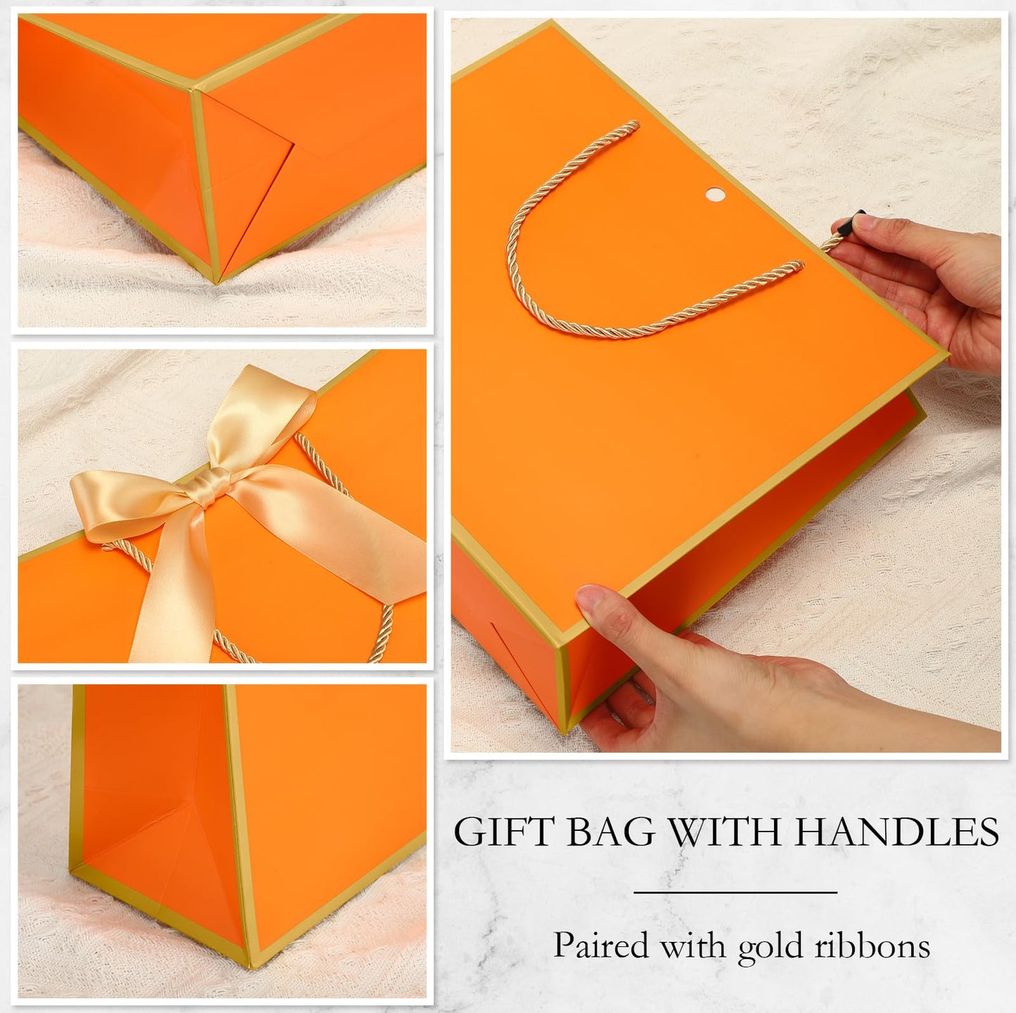 Silkfly 12 Pcs Gift Bags with Handles for Bridesmaid, 12x10x4'' Wedding Welcome Elegant Gift Bags with Bow Ribbon for Graduation Groomsmen Women Baby Shower Birthday Housewarming (Orange,Gold)