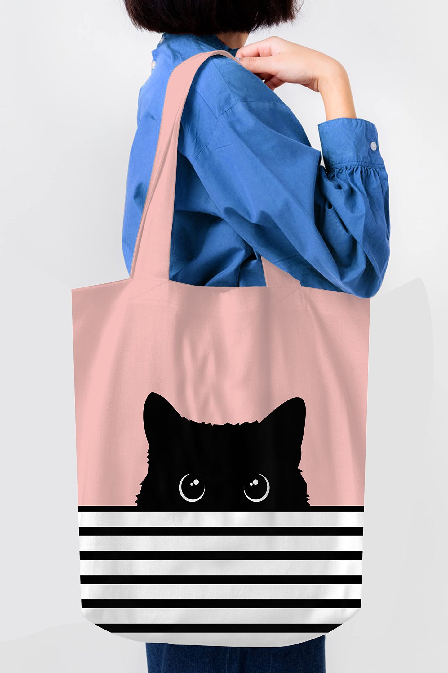 Cat Lover's Tote Bag - Large Pink Tote with Black Cat Design - Reusable Shopping Bag for Women - Hello Kitty Gift