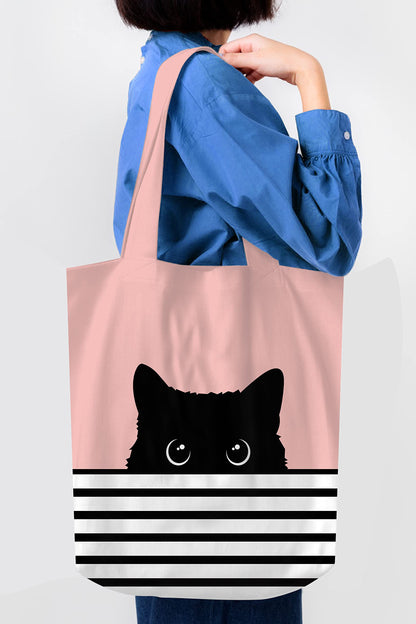 Cat Lover's Tote Bag - Large Pink Tote with Black Cat Design - Reusable Shopping Bag for Women - Hello Kitty Gift