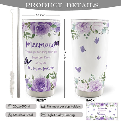 Meemaw Mothers Day Christmas Birthday Thank You Gifts Gift 20oz Travel Coffee Mug Tumbler for Grandma from Grandkids Grandchildren, Memaw Water Stainless Steel Tumbler with Lid and Straw