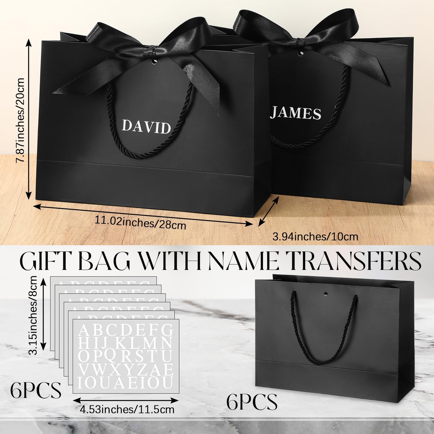 Fullhawl 6 Pack Custom Gift Bags Bulk Personalized Black Groomsmen Gift Bags with Name Logo Stickers Handle Bow Ribbon 5 Senses Welcome Return Gifts for Wedding Proposal Bachelor Birthday Party
