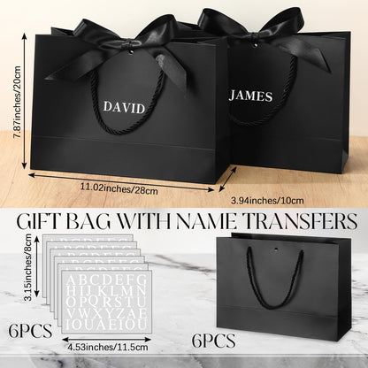 Fullhawl 6 Pack Custom Gift Bags Bulk Personalized Black Groomsmen Gift Bags with Name Logo Stickers Handle Bow Ribbon 5 Senses Welcome Return Gifts for Wedding Proposal Bachelor Birthday Party