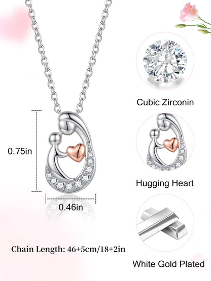 Sereney First Mothers Day Gifts for New Mom Necklace, New Mom Gifts as 1st Mothers Day Necklace for Women, White Gold Plated Hugging Heart Pendant as Hypoallergenic Mother Jewelry for New Mommy