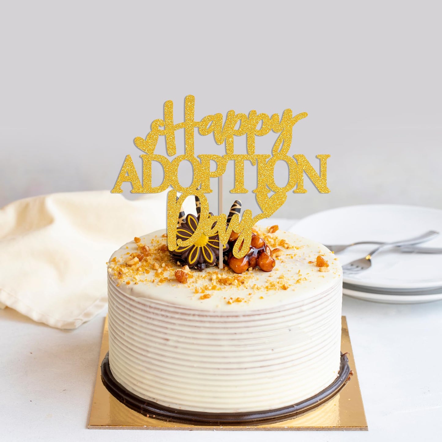 Happy Adoption Day Cake Topper - Love Makes a Family Cake Decor, Child Pet Adoption Anniversary Party Supplies Gold Glitter