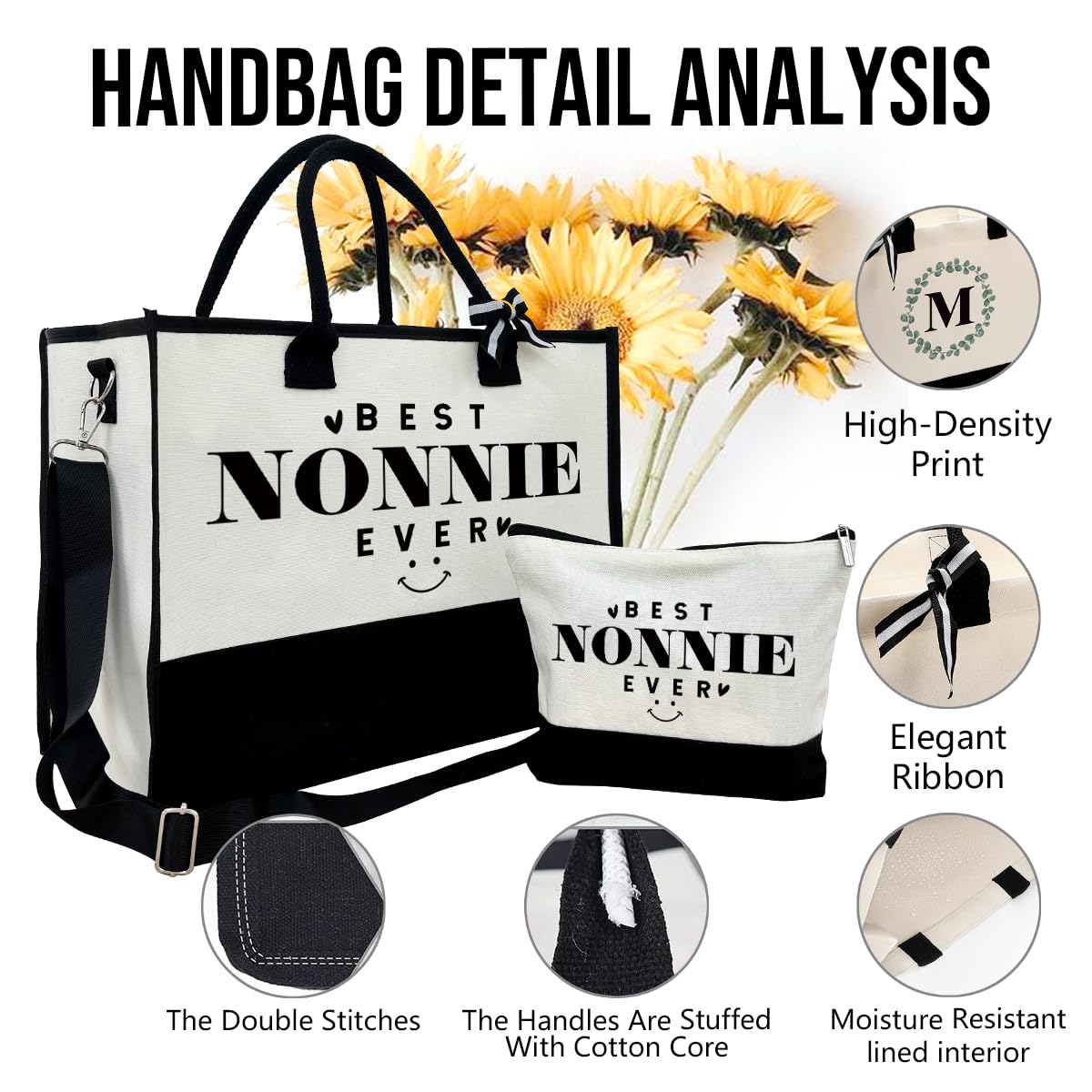 SUSZDOU Nonnie Beach Tote, Canvas Bag with Zipper, Mother's Day Present, Includes Make Up Bag