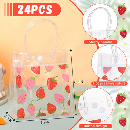 Kolldenn 24 Pcs Strawberry Gift Bags Transparent Plastic PVC Bags with Handles Strawberry Party Favor 5.9" x 2.8" x 6.3" Shopping Handbags Candy Themed Goodie Holder Supplies Birthday Treat