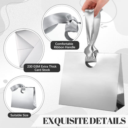 Feifeiya 30 Pcs Small Silver Gift Bags with Ribbon Handles 7.87" x 3.54" x 7.09" Bulk Paper Goodie Bags for Birthday Wedding Bridal Baby Shower Party Favors
