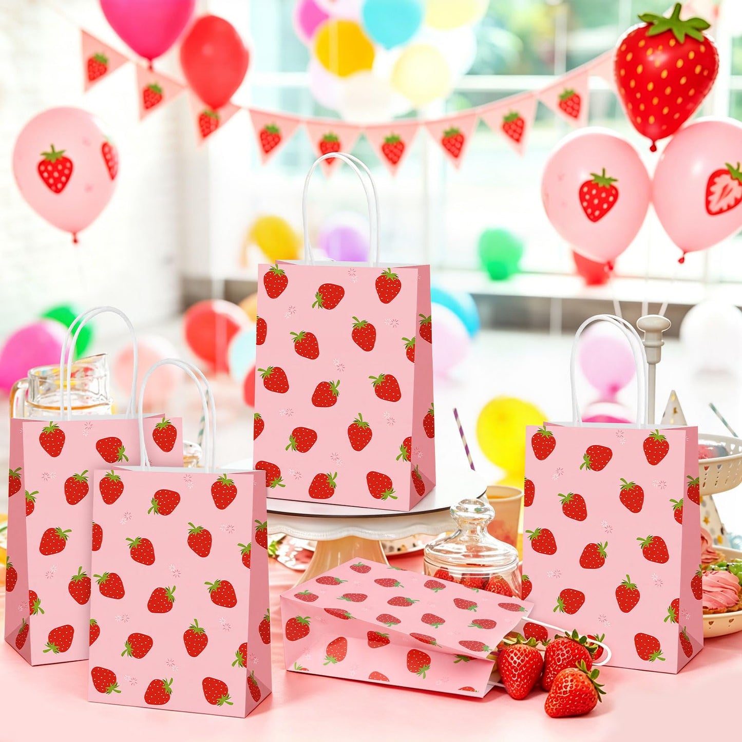 Hxezoc 12 Pieces Strawberry Gift Bags with Handle, Paper Treat Candy Bag Strawberry Party Favor Bags for Strawberry Theme Sweet Birthday Party Decoration Supplies