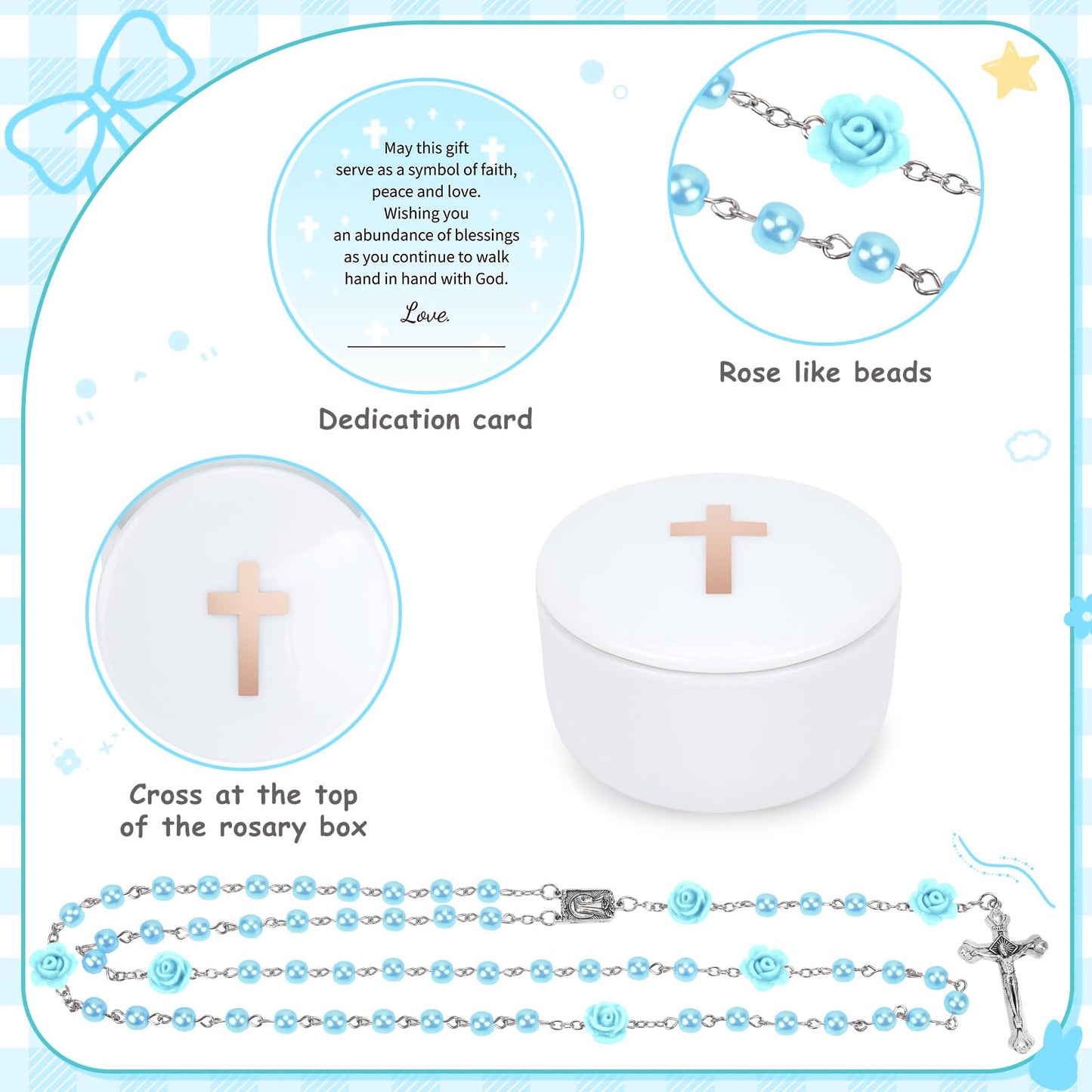 Baptism Gifts for Boy, Christening Gifts for Boys, Dedication Gift, Includes Bunny Stuffed Animal, First Rosary Beads, Prayer Book, Keepsake Blanket, Catholic Baptism Gift Basket