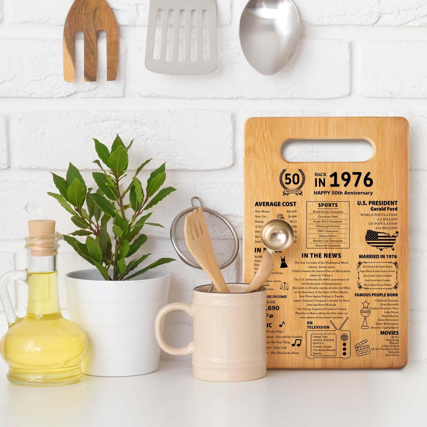 50th Wedding Anniversary Cutting Board Gifts for Women Men Marriage Gifts for Couple 1976 Poster Back In 1976 50th Anniversary Decorations 100% Organic Bamboo Pre Oiled 11"L x 7"W x 0.5"Th