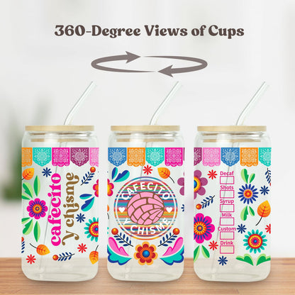 Cafecito Y Chisme 16oz Glass Cup with Bamboo Lid and Straw, Friend Present for Women, Mexican Coffee Glass Cup for Iced Coffee, Sisters, Christmas