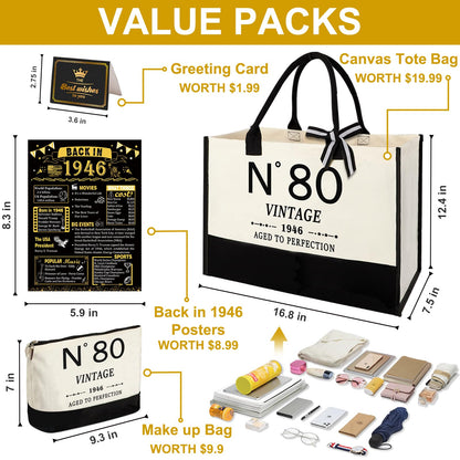 YeohJoy 80th Birthday Gifts for Women Canvas Tote Bag Travel Gear, Unique 80 Years Old Gifts for Wife Mom Sister Aunt Friends Her, Vintage N°80 Handbag & Cosmetic Bag & Back in 1946 Poster