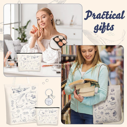 5 Pcs Sea Animal Themed Gifts Set for Women Include Canvas Beach Tote Bag Makeup Bag Keychain Notebook Pen for Ocean Lovers Party Favors Birthday Gift for Christmas