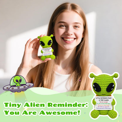 Funny Positive Crochet Alien, Birthday Gifts for Women Men, Cute Gag Handmade Emotional Support Alien Plush Decor, Unique Graduation Inspirational Gifts for Him Her Son Coworker Friend