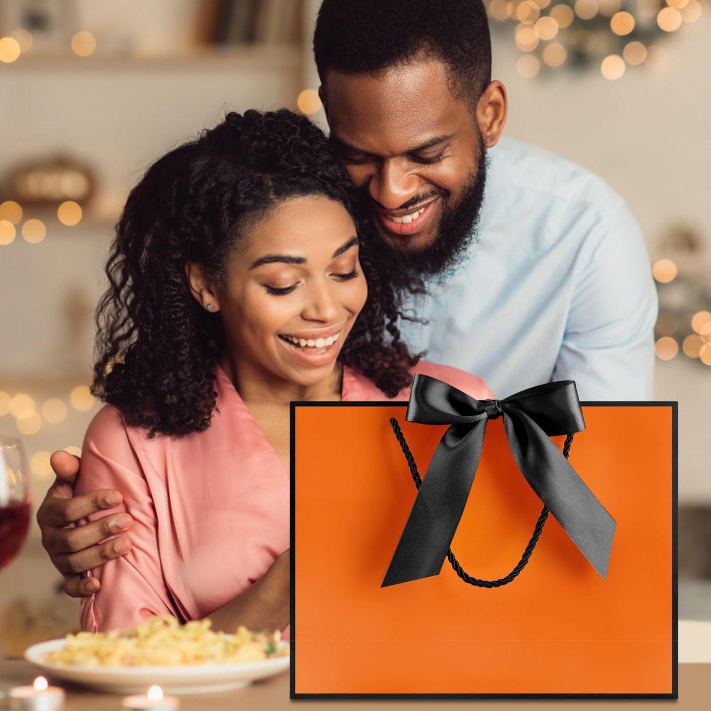 JMANNI Gift Bags with Handles, 13” Medium Gift Bag for Presents, 1 Pcs Bags with 2 Tissue Paper and 1 Cards for Graduation Baby Shower Wedding Fathers Day Mother's Day Birthday Party (Orange-Black