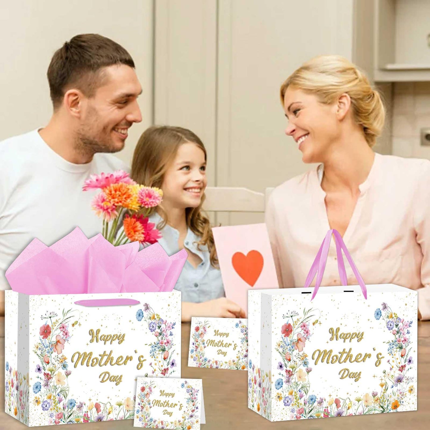 Zliisang Happy Mother’s Day Gift Bag with Tissue Paper and Greeting Card Wildflowers Mother Day Party Favor Bags