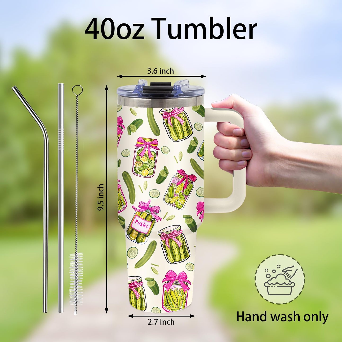Pickle Gifts - Funny Pickle Themed Tumbler 40oz with Handle and Straws, Leak-proof, Stainless Steel Insulated Travel Coffee Mugs for Pickles Lovers, Pickled Food Enthusiasts Gifts Birthday Cup
