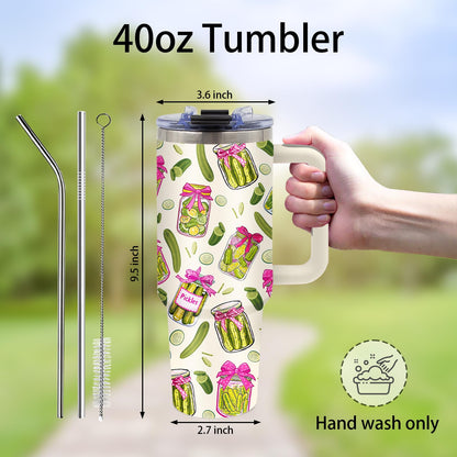 Pickle Gifts - Funny Pickle Themed Tumbler 40oz with Handle and Straws, Leak-proof, Stainless Steel Insulated Travel Coffee Mugs for Pickles Lovers, Pickled Food Enthusiasts Gifts Birthday Cup