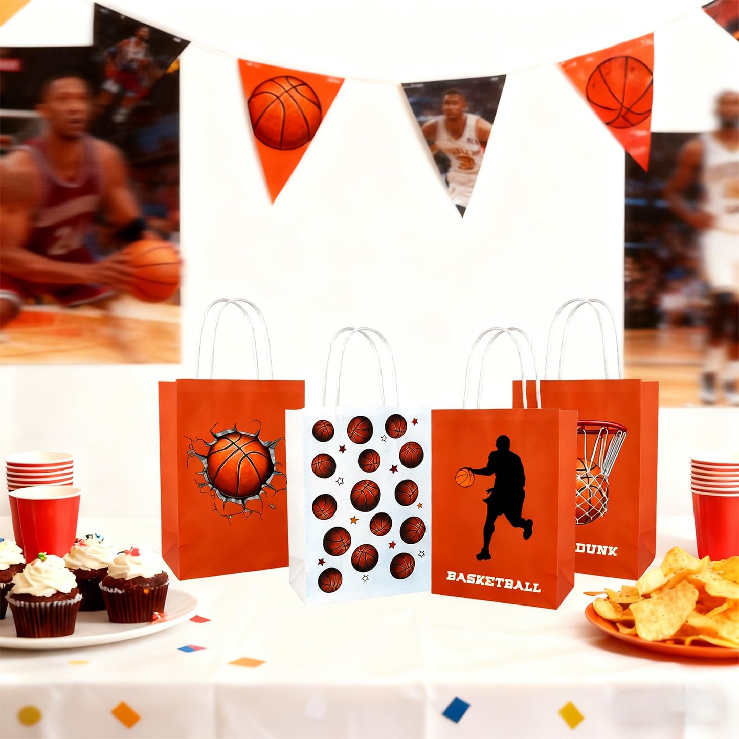 Kiooaci 24 Pcs Basketball Gift Bags, Basketball Paper Goodie Treat Candy Party Favor Bags with handle for Team Birthday Theme Party Supplies