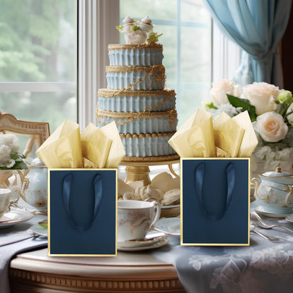 Yeaqee 24 Pack Metallic Paper Gift Bags with Handle and Tissue 9x7x3.1 Gold Foil Welcome Thank You Favor Bags Return Gifts for Wedding St. Patrick's 5 Senses Bridesmaid Birthday(Navy Blue, Gold)
