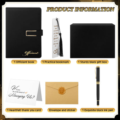 7 Pcs Officiant Gift Set Includes Leather Hardcover Proposal Officiant Book Black Ink Pen Thank You Card with Envelope and Sticker Bookmark Gift Box for Wedding(Black)
