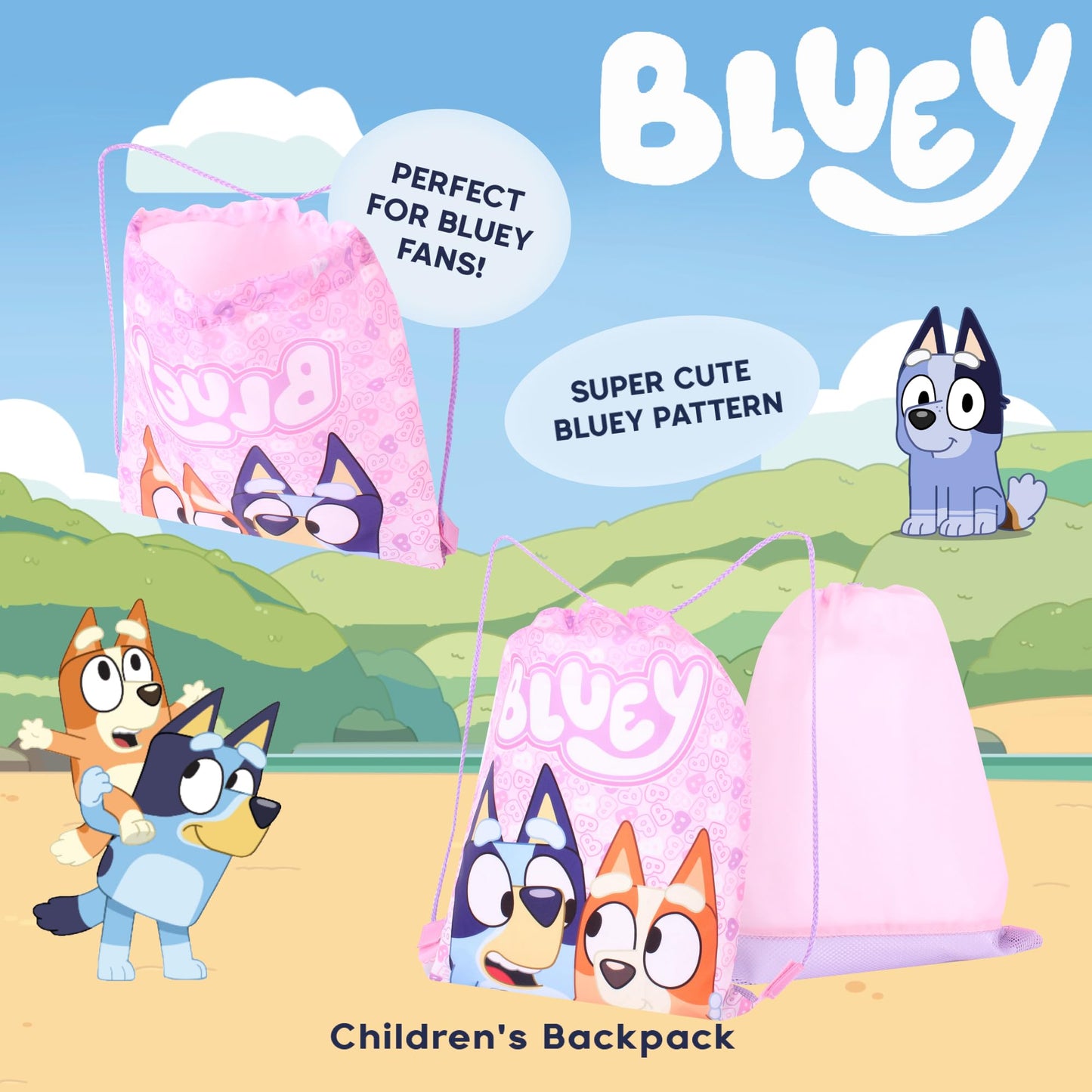 Bluey Girls Drawstring Bag – Pink Gym Sack Backpack Bingo – Kids School, Dance, Swimming, PE, or Sleepover Bag.