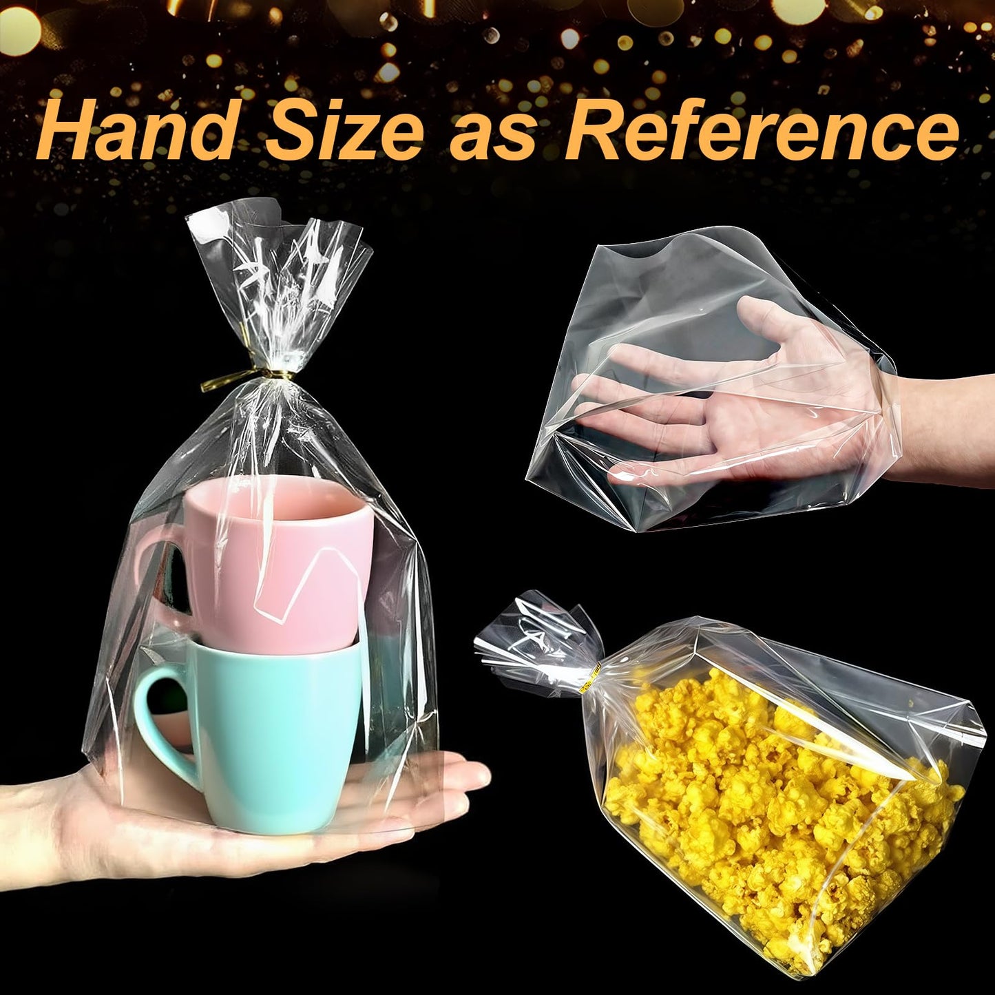 Toosci 8" x 11" Clear Cellophane Treat Bags with Bottom Gusset & Twist Ties – for Baked Goods, Cookies, Candies, Chocolates, Popcorn & Gift Packaging (50 Pcs, 2 mils)