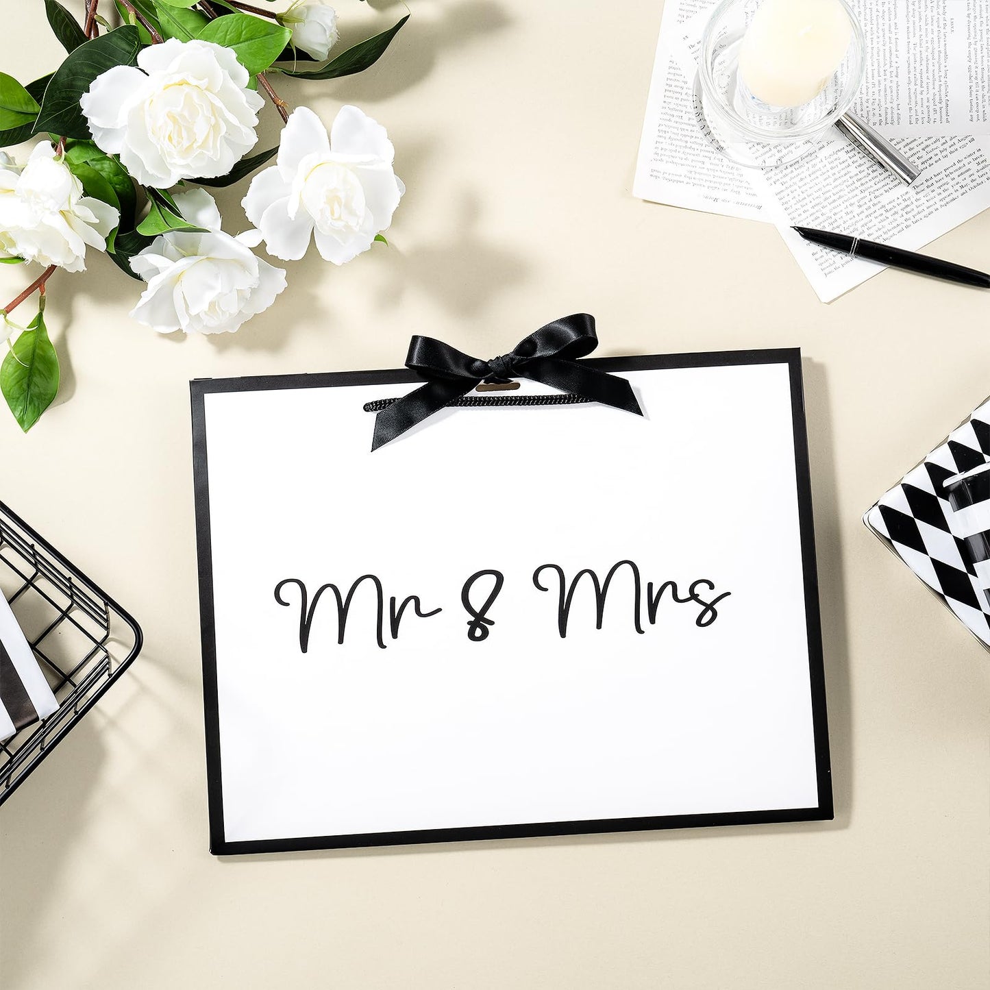 Loveinside 13" Large Wedding Gift Bag, White & Black Mr. & Mrs. Elegant Script Design Party Bag with Bow Ribbon for Couple, Wedding, Bridal Shower, Engagement, Newlywed Gift, 13" x 5" x 10", 1 Pcs