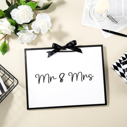 Loveinside 13" Large Wedding Gift Bag, White & Black Mr. & Mrs. Elegant Script Design Party Bag with Bow Ribbon for Couple, Wedding, Bridal Shower, Engagement, Newlywed Gift, 13" x 5" x 10", 1 Pcs