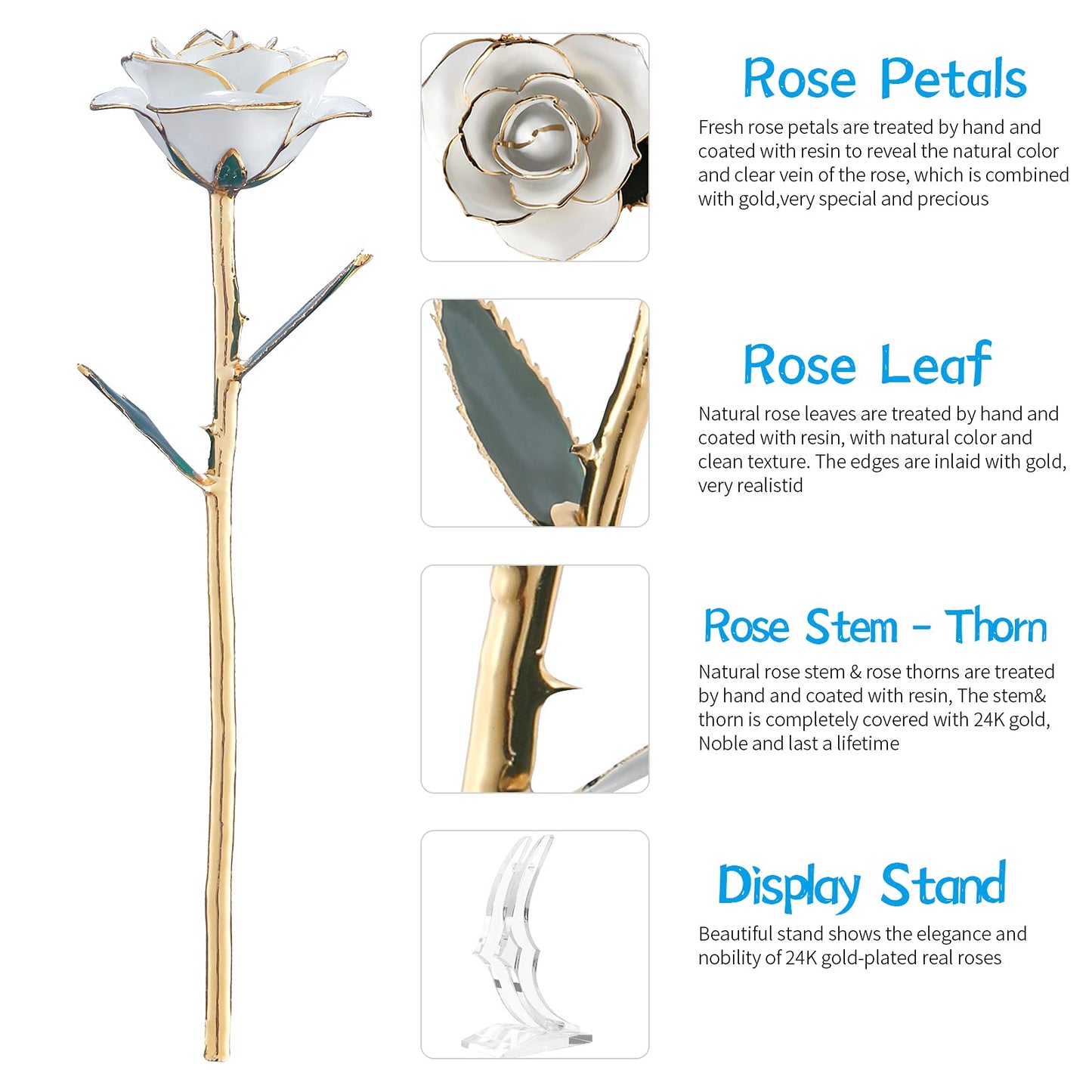 SW 24k Gold Dipped Real Rose Lasted Forever with Stand, White Gold Rose Gifts for Women Wife for Her, Christmas, Valentines Day, Mothers Day, Birthday