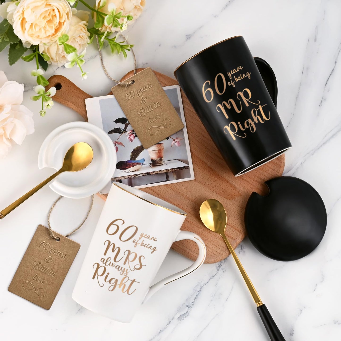 YHRJWN 60th Wedding Gifts, 60 Years of Being Mr & Mrs Always Right Mug Set 14Oz with Lids Spoons and Gift Box, Christmas Anniversary Presents for Parents Couple