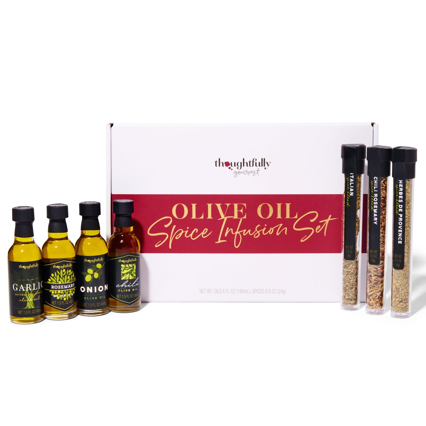 Thoughtfully Gourmet, Olive Oil Spice Infusion Gift Set, Premium Cold Pressed Extra-Virgin Olive Oil from Spain, Includes 4 Flavored Olive Oils and 3 Flavorful Spice Infusion Blends, Set of 7