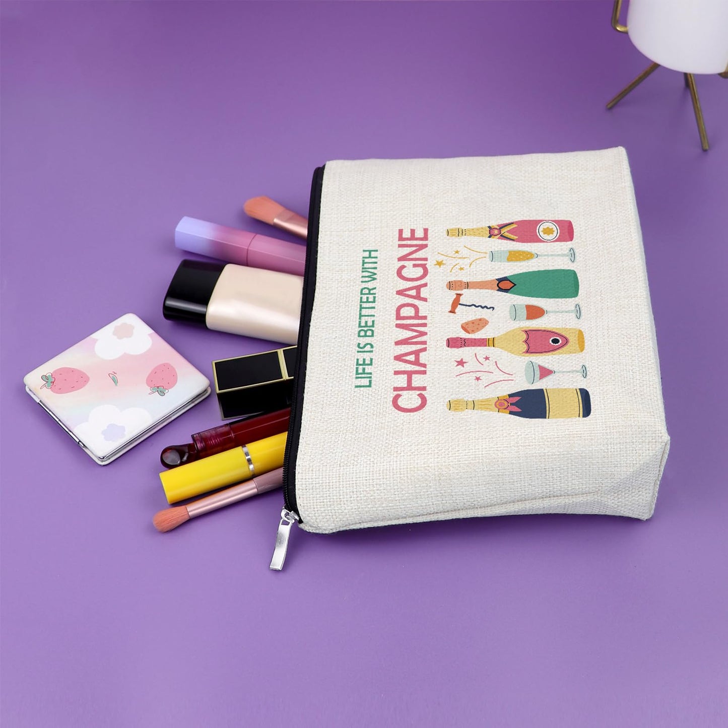 Sazuwu Champagne Lover Gift Makeup Bag Wine Trip Gifts Housewarming Drinking Themed Gifts for Champagne Lovers Best Friends Cosmetic Bag Birthday Christmas Gift for Women Wife Zipper Pouch