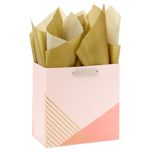 Hallmark Signature Studio 7" Medium Square Gift Bag with Tissue Paper (Coral, Blush Pink, Gold Stripes) for Valentine's Day, Birthdays, Mother's Day, Bridal Showers, Weddings, Baby Showers and More
