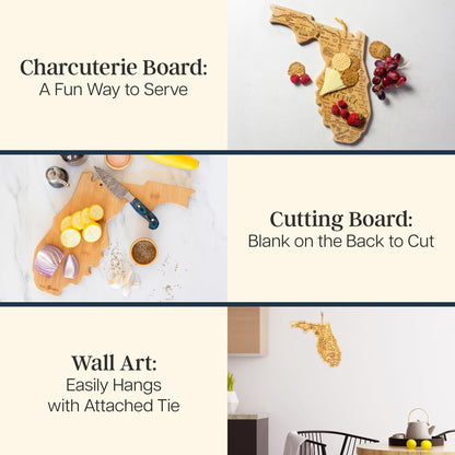 Totally Bamboo Destination Florida Shaped Cutting Board – Bamboo Charcuterie and Serving Board with Hang Tie for Wall Display