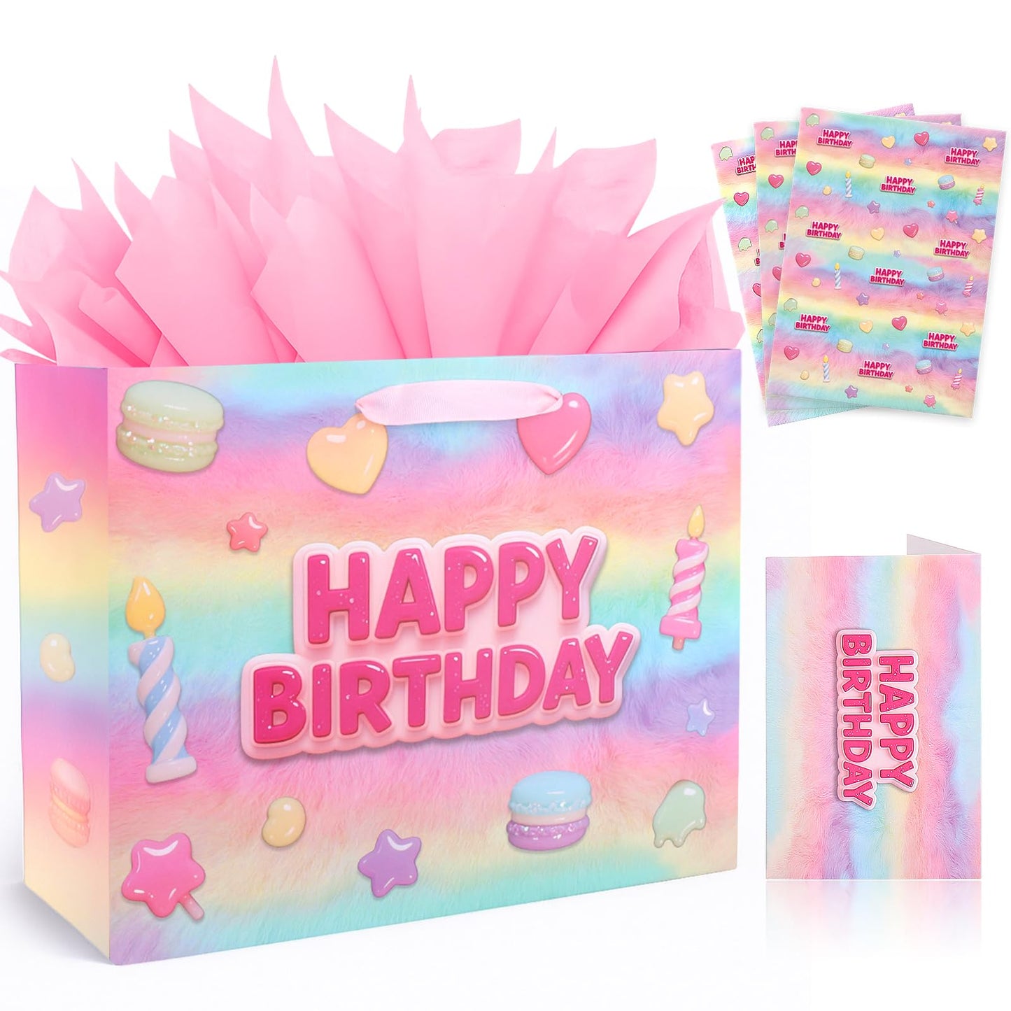 BSRESIN 13”Pink Happy Birthday Gift Bag with Tissue Paper, Wrapping Paper and Card, Medium Size Pastel Birthday Gift Bag for Girls, Women, Party Gift Wrap Supplies