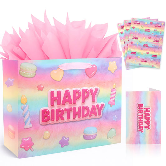 BSRESIN 13”Pink Happy Birthday Gift Bag with Tissue Paper, Wrapping Paper and Card, Medium Size Pastel Birthday Gift Bag for Girls, Women, Party Gift Wrap Supplies