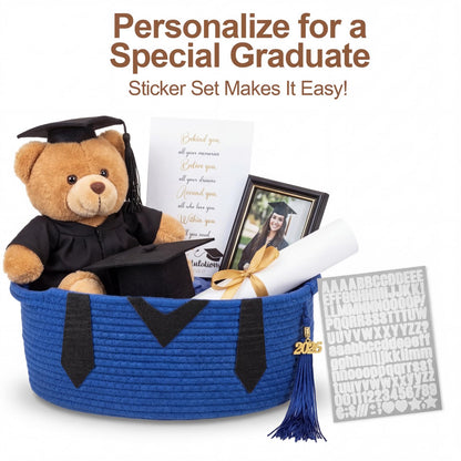 Colingmill Class of 2026 Senior Graduation Gift Basket Empty, 14x10x5.5 Inch Woven Rope Basket with Grad Design Bag & Ribbon Letter Stickers Tassel & Card Decorative DIY Congrats Gift(Black and Blue)