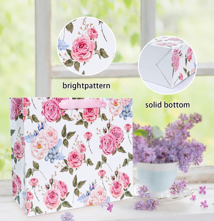 MUNILAIL 13 Inches Large Gift Bag for Women Flower Gift Bag with Handle Tissue Paper and Greeting Card for Birthday Wedding Bridal Shower Party Large Pink Paper Gift Bag