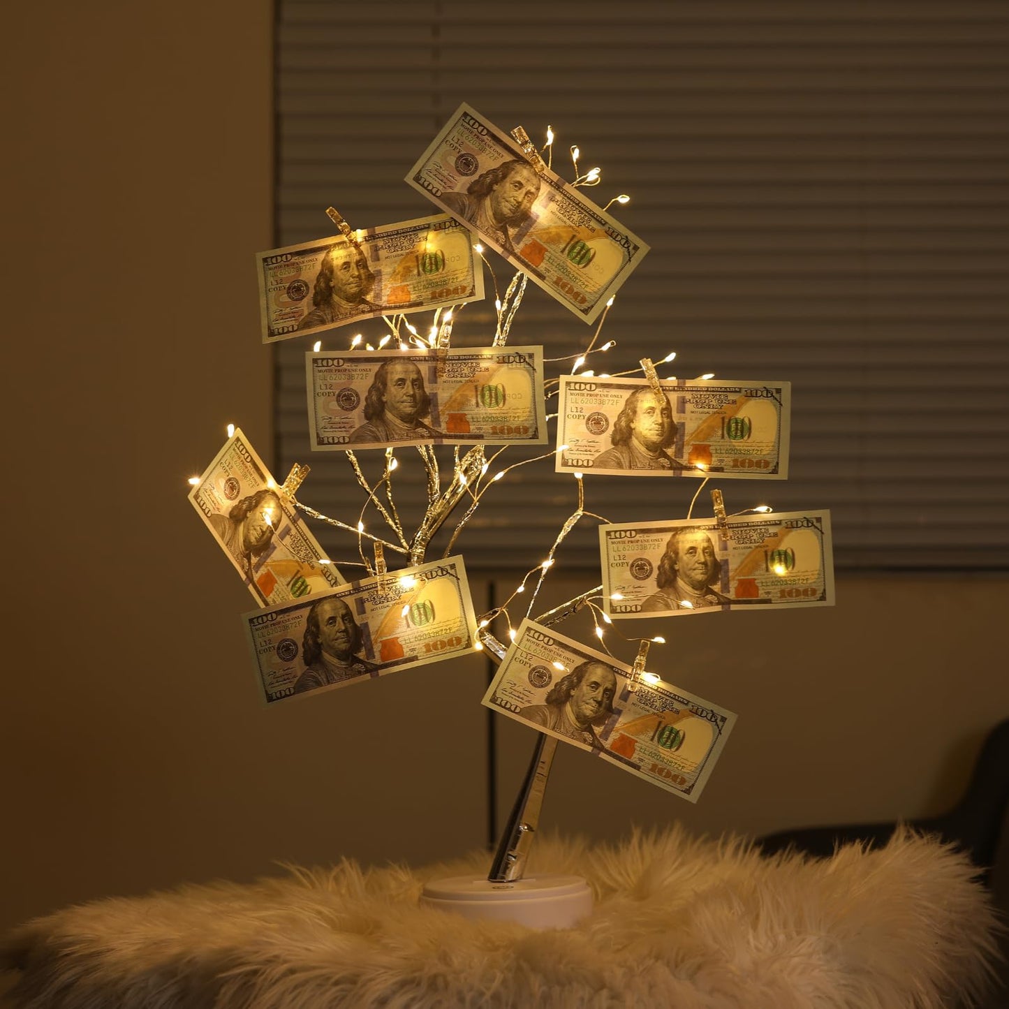 Money Tree Gift Card Holder 108 LEDs Lighted Fairy Light Spirit Trees Battery/USB Powered Light Up Display Tree with 22 Clear Clips for Photo, Cash,Card, Memo,Home Decor