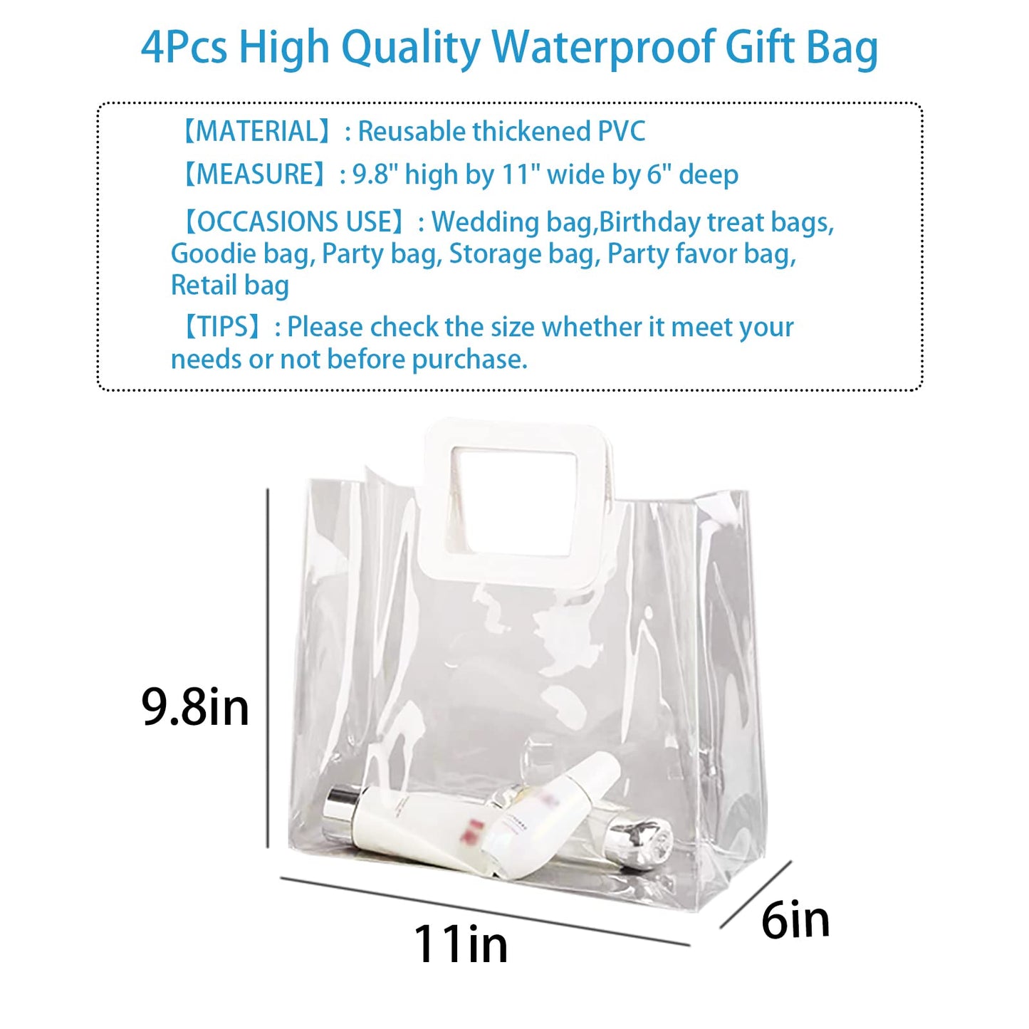 Rmannke Clear Gift Bag with Handle, 4 Pcs Large Transparent PVC Gift Bag, Heavy Duty Reusable Gift Wrap Bags for Bridal Party, Baby Shower, Wedding Favor, Shopping Bag Bulk- 9.8"x6"x11"