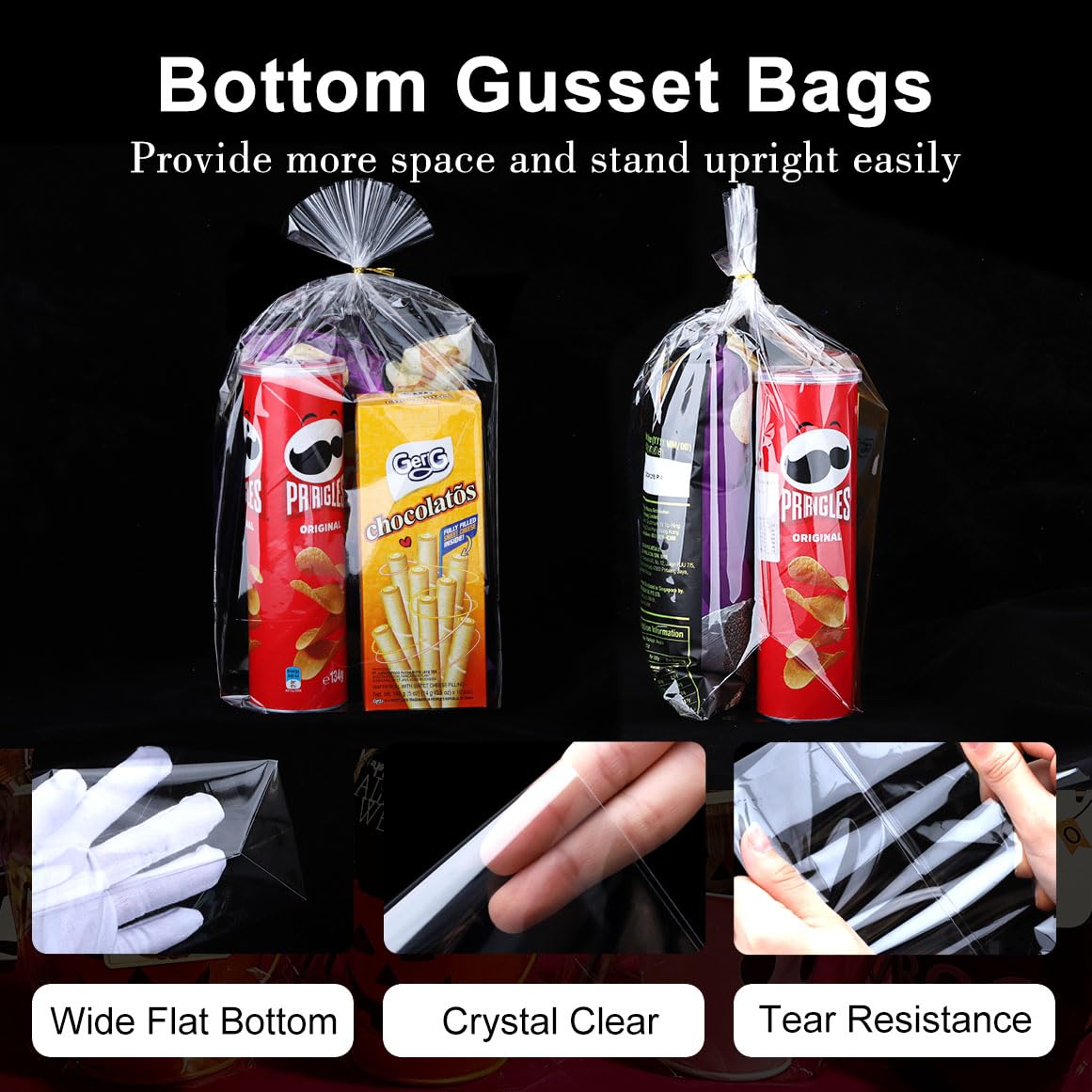50Pcs 12X16 inch Bottom Gusset Bags Clear Cellophane Gift Wrap Wrapping Plastic Large Cello Bags for Party Favors Treats Mug with 5" Twist Ties
