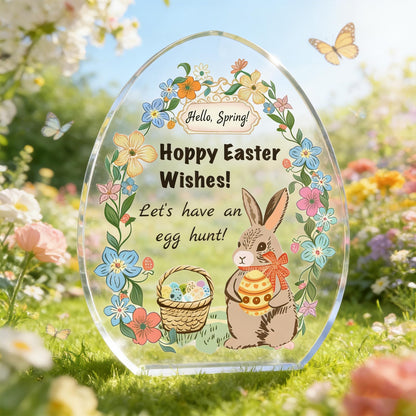 Easter Acrylic Plaque Decor - Hello Spring! Egg-Shaped Gift for Couples with Bunny, Eggs & Basket, Festive Tabletop Decor