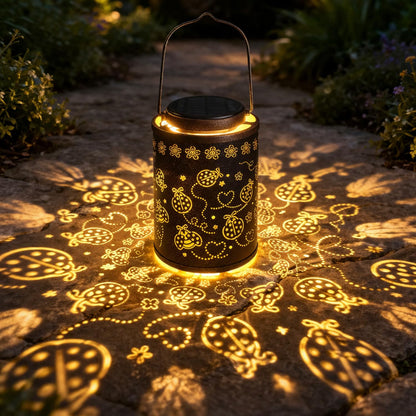 Decorative Solar Lantern Outdoor, Hanging Garden Light with Ladybug Pattern Projection, Waterproof Metal Lantern for Patio Yard Porch, Unique Gift for Women Men Mom Grandma