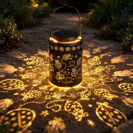 Decorative Solar Lantern Outdoor, Hanging Garden Light with Ladybug Pattern Projection, Waterproof Metal Lantern for Patio Yard Porch, Unique Gift for Women Men Mom Grandma