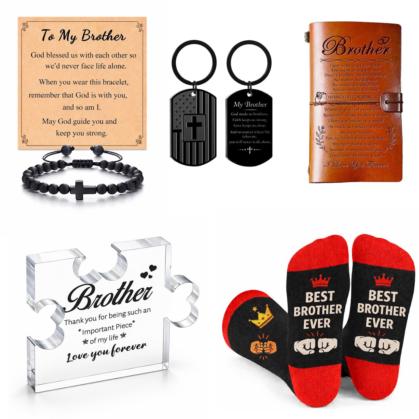 Brother Birthday Gift Set from Sister for Brother Adult Men Funny + Inspirational 5-Piece Gift Bracelet, Socks, Leather Journal, Plaque & Keychain Birthday/Christmas/Just Because