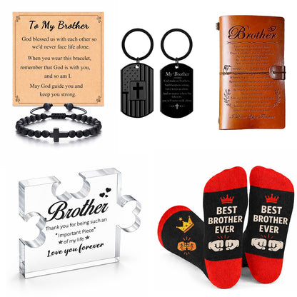 Brother Birthday Gift Set from Sister for Brother Adult Men Funny + Inspirational 5-Piece Gift Bracelet, Socks, Leather Journal, Plaque & Keychain Birthday/Christmas/Just Because
