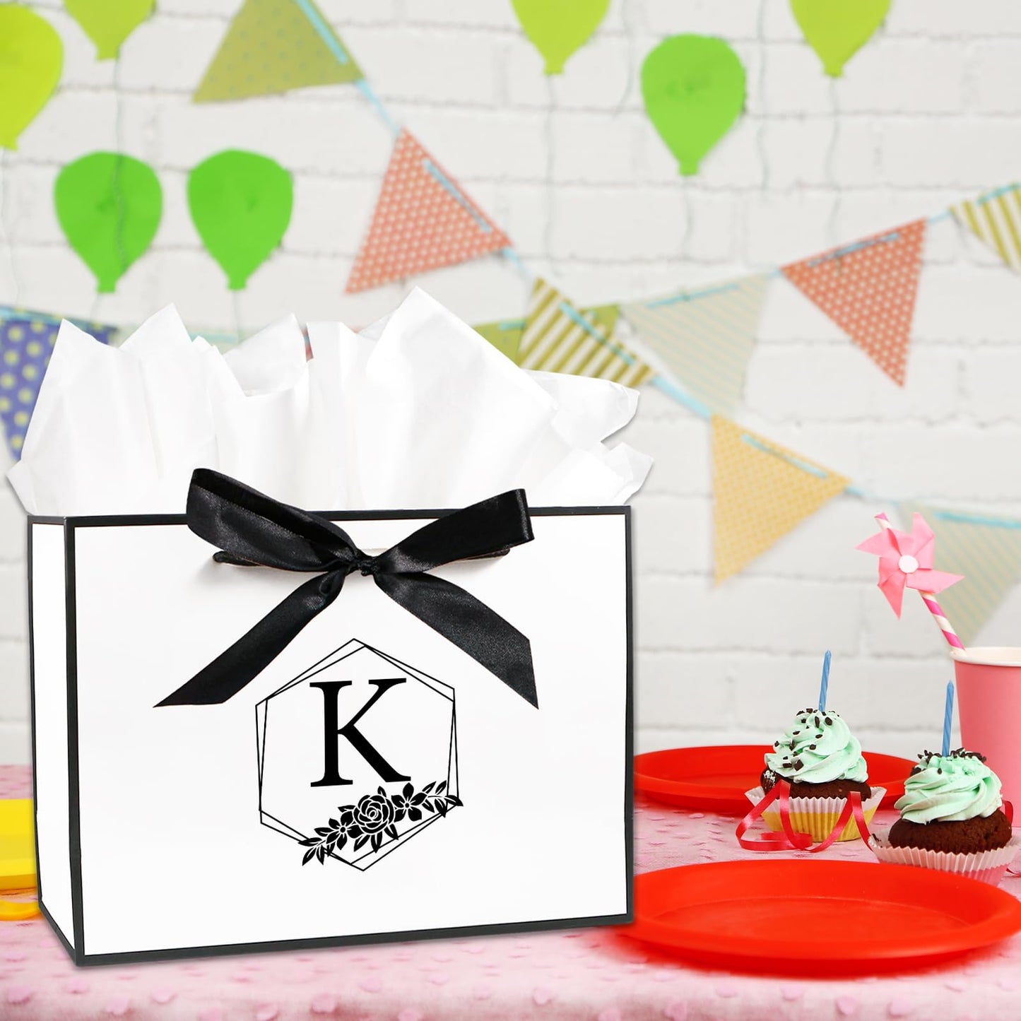 Personalized Initial Gift Bag, Large Alphabet Birthday Gift Bag with Tissue Paper and Bow Ribbon for Men Women, Initial Bow Bags for Gifts Wrapping, Bridal Party, Birthday Decorations (White, L)